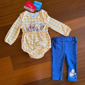 Disney Winnie the Pooh Baby Girl Ruffled Long Sleeve Romper and Pant Size 3-6M